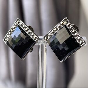 1928 | Vintage | Black Faceted Rhinestone Marcasite Square Clip On Earrings